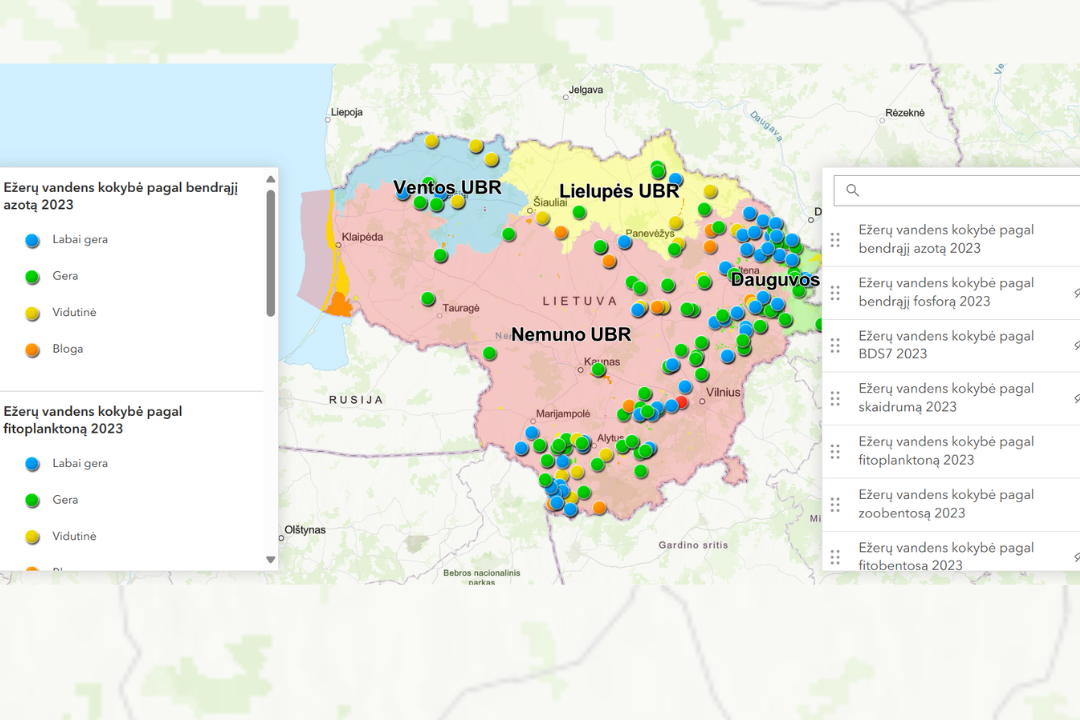 2023 m. upių vandens kokybės žemėlapis pagal atskirus rodiklius